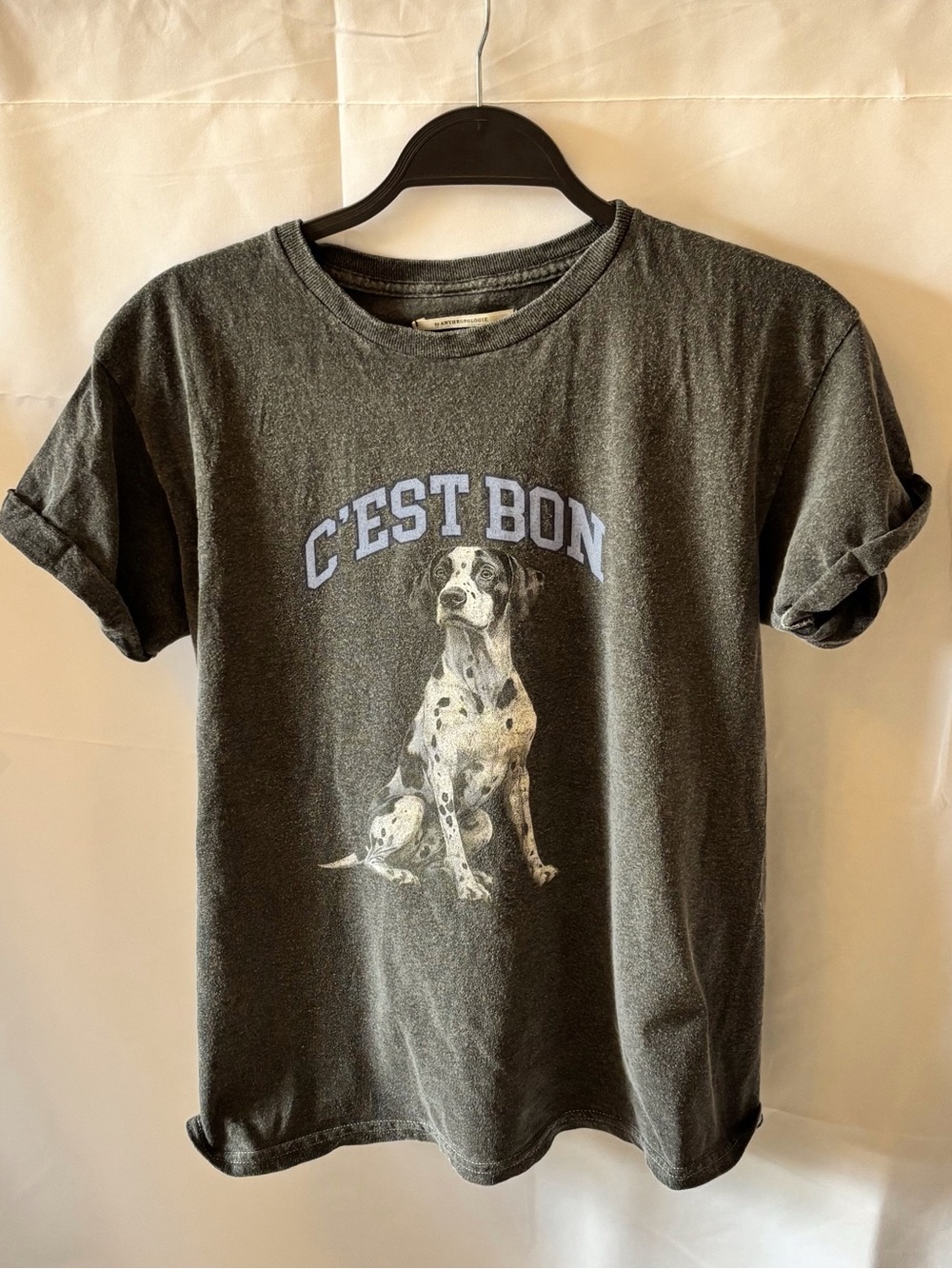 Anthropologie Black Graphic Dog Tee with Light Blue Lettering